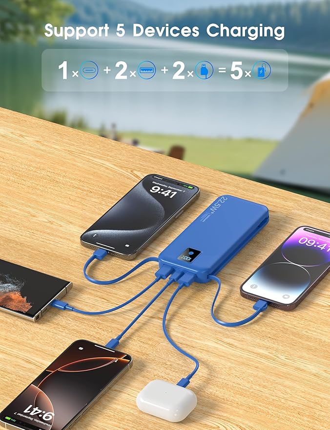 Portable Charger, 12000mAh 22.5W Fast Charging Power Bank with Built-in Cables & Wall Plug, Travel Essential Battery Pack with LED Display, USB C Battery Phone Charger for iPhone, iPad, Samsung Navy