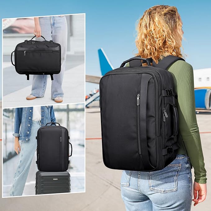 PIJUSHI Travel Backpack for Women Men Expandable Carry on Luggage Backpack Airline Approved Personal Item Laptop Bag(PE034 Black)