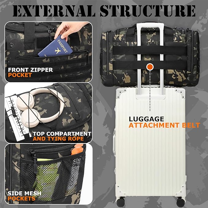 45L Gym Bag for Men & Women, Tactical Military Duffle Bag for Travel Weekender Gym Workout Deployment， Large Sports Bag for Hockey Football Baseball Soccer Basketball & Team training