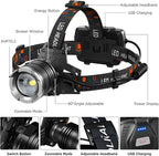LED Rechargeable Headlamp, 3000 Lumens Super Bright Head Lamp with 5 Modes, 90°Adjustable, USB Rechargeable, Waterproof LED Headlamps for Adults Camping, Hiking, Climbing (2 Pack)