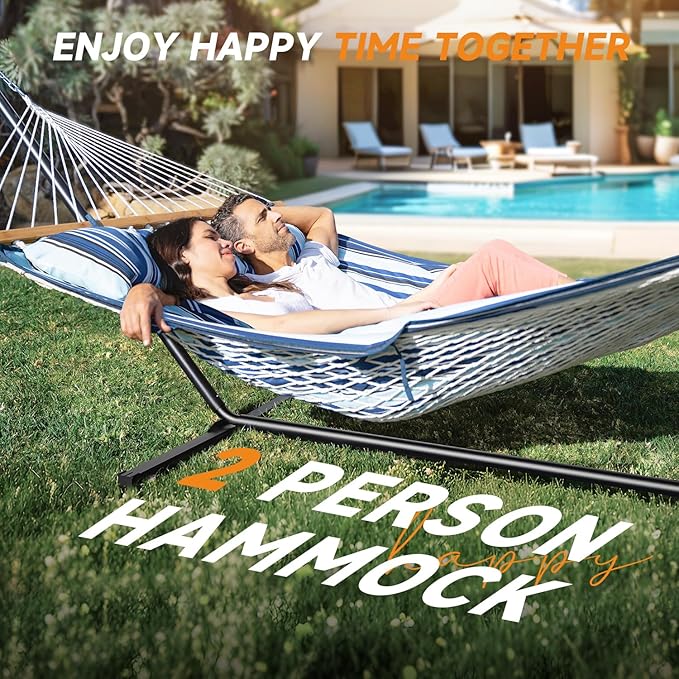 2 Person Outdoor Hammock with Stand, Cotton Rope Hammock with Polyester Pad, Adjustable Steel Frame, Portable with Carrying Bag – for Patio, Backyard, Garden, Beach, Blue