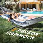 2 Person Outdoor Hammock with Stand, Cotton Rope Hammock with Polyester Pad, Adjustable Steel Frame, Portable with Carrying Bag – for Patio, Backyard, Garden, Beach, Blue Stripe