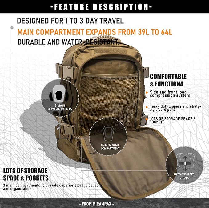 Tactical Backpack Military Hiking Daypack - Molle Backpack for Men 3 Day Assault Pack Bug Out Bag for Camping Travel Army Hunting Gym Rucksack Survival (Coyote)