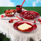 Nuogo 48 Pcs Enamel Camping Tableware Includes 12 oz Coffee Mugs 10.5 Inch Camping Plates 6 Inch Bowls and Utensils Set Includes Knife Fork Spoon for Outdoor RV(Red)