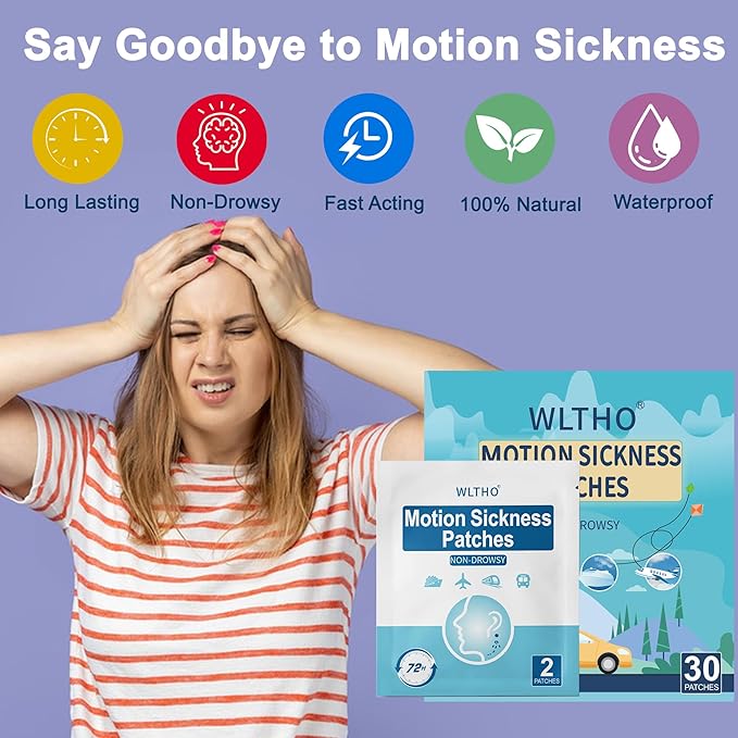 30ct Motion Sickness Patches Non Drowsy, Sea Sickness Patch for Cruise Travel Essentials, Waterproof Patches Behind Ear, Tan Color, Long Last 72H
