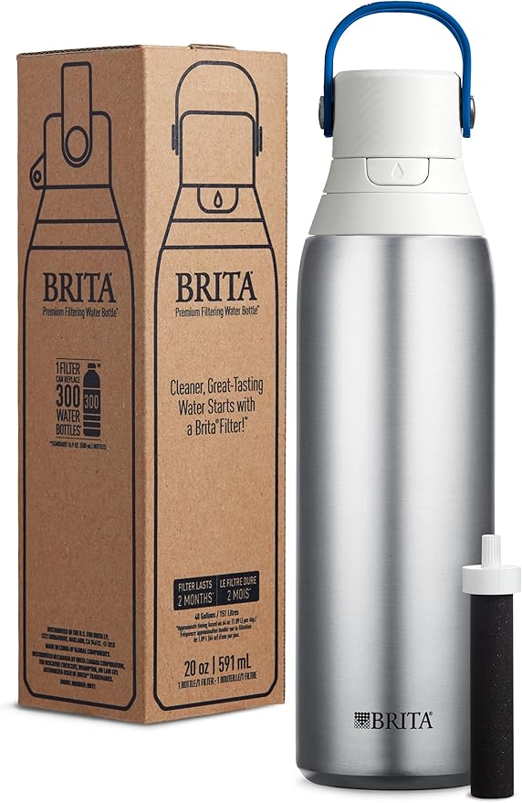 Brita Stainless Steel Premium Filtering Water Bottle, BPA-Free, Reusable, Insulated, Replaces 300 Plastic Water Bottles, Filter Lasts 2 Months or 40 Gallons, Includes 1 Filter, Stainless - 20 oz.