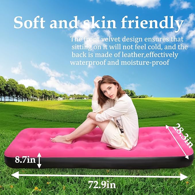 Foldable Inflatable air Mattress, Suitable for Indoor and Outdoor air Mattress, Thickened Waterproof, can be Used for Camping Tents (excluding Inflation Tools (Pink, Single)