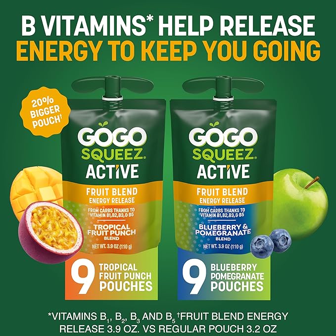 GoGo squeeZ Active Fruit Blend Energy Release | 18-Count Variety Pack | Tropical Fruit Punch and Blueberry & Pomegranate | Made with Real Fruit and B Vitamins