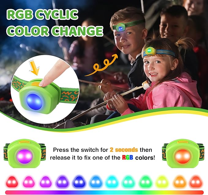 EverBrite LED Headlamp Rechargeable Kids Headlamp with RGB Mode and Adjustable Headband, 3 Modes Multicolor Headlamp for Camping, Reading, Exploring, Halloween, Christmas