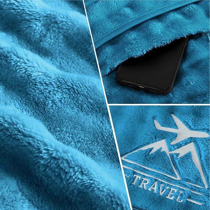 Travel Blanket and Pillow-2-in-1, Ultra-Soft&Compact, One-Piece Airplane Blanket with Hand Luggage Belt and Backpack Clip,Travelers Accessories Gifts, 61x43 Inches (Green)