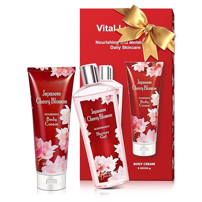 Japanese Cherry Blossom Bath and Body Set Shower Gel and Body Cream - Nourishing and Moisturizing Daily Skincare - 8 fl.oz / 236mL Each, Birthday Anniversary Wedding Gifts for Her and Him