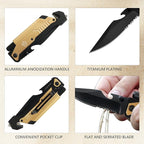 8.5" Military Outdoor Hunting Camping Pocket Knife, 7 in 1 Multi-Function Folding Knives with Fire Starter LED Light Seatbelt Cutter Glass Breaker Bottle Opener Tactical Blade (Gold)
