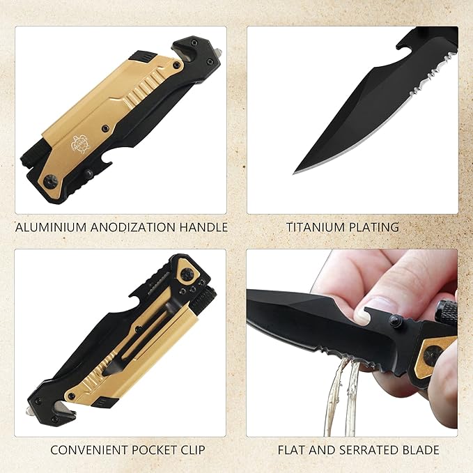 8.5" Military Outdoor Hunting Camping Pocket Knife, 7 in 1 Multi-Function Folding Knives with Fire Starter LED Light Seatbelt Cutter Glass Breaker Bottle Opener Tactical Blade (Gold)