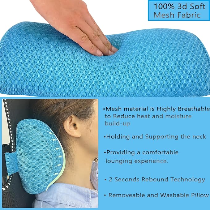 REEZEIVI 1Pack Headrest Pillow for Patio Chaise Lounge,Chaise Lounge Pillows Outdoor 3D air mesh with Elastic Band,Quick Drying and Washable Spa Pillow for Recliner,Beach Chair,Office Chair Blue