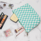 PAZIMIIK Knitted Checkered Makeup Bag Large Zipper Make Up Accessory Pouch for Purse Cosmetic Brush Bag for Travel Essential Arctic Blue