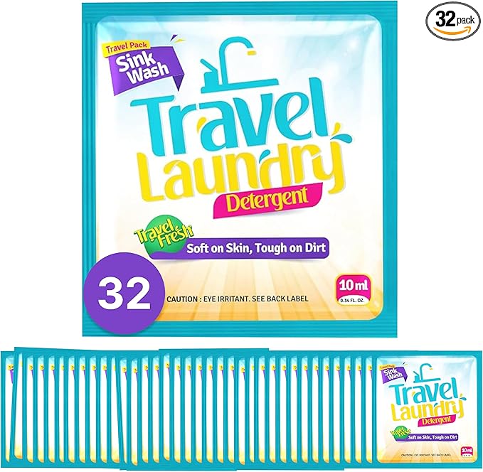 TidyFriend Sink Travel Laundry Detergent 10 ml, 32 Pack Effective Travel Detergent Packets for Sink Washing, Lightweight Must Haves Laundry Essentials