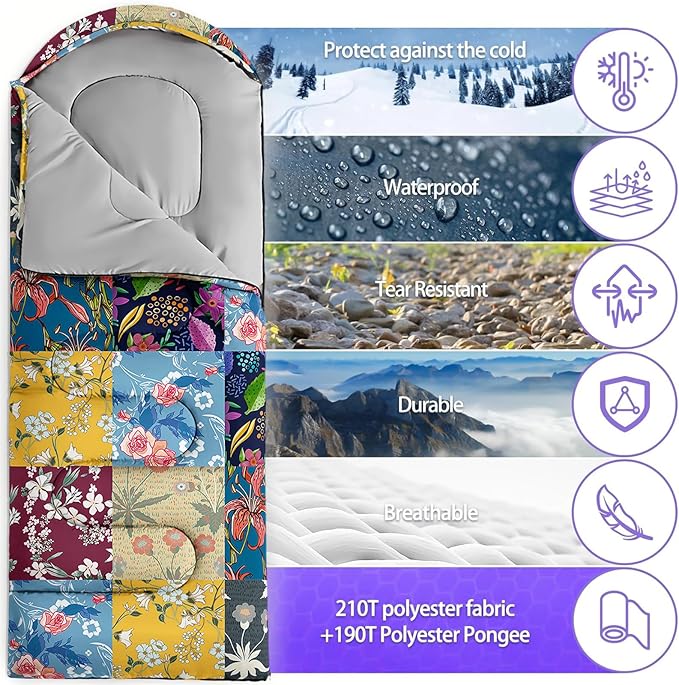 Sleeping Bags for Adults and Kids，3D Printing Camping Sleeping Bag for Girls Boys Lightweight Waterproof Cold/Warm 3-Season，Outdoor Travel with Compression Bags