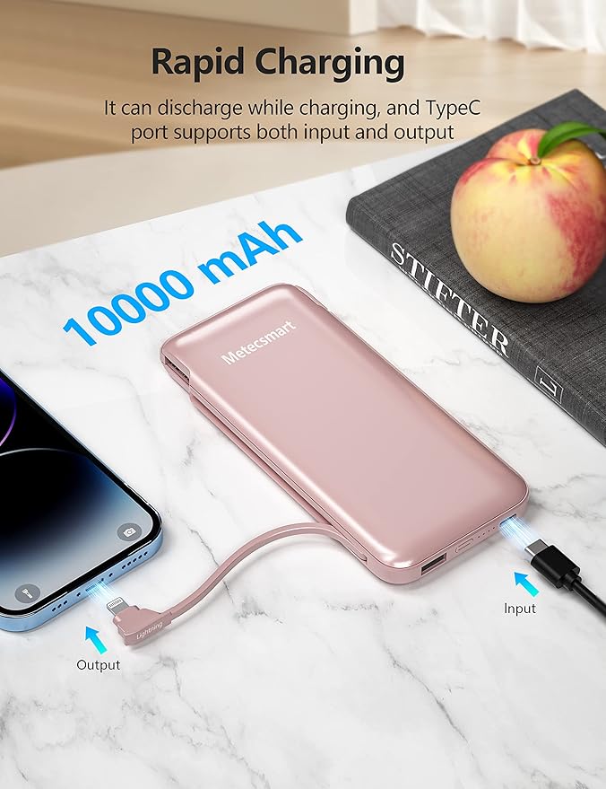 2-Pack 10000mAh Phone Portable Charger Power Bank, Built in Cable and AC Wall Plug, Fast Slim USB C Charging Battery Pack Travel Essentials Compatible with iPhone, Android, Black & Pink