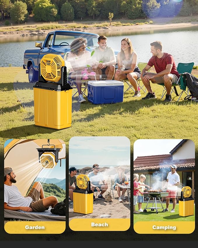 Portable Misting Fan, 24000mAh Rechargeable Outdoor Cooler, Battery Operated Personal Fan with3 Speeds & 8L Bucket for Patio, Camping,Hiking, Backyard, Travel, Desk,Pool, Beach, Yellow