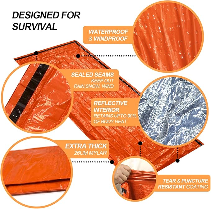 Emergency Sleeping Bag Survival Bivy Sack - 2 Pack Bivvy Bag, Waterproof Windproof Camping & Outdoor Emergency Shelter, Suitable for Camping, Hiking, and Outdoor Adventures.