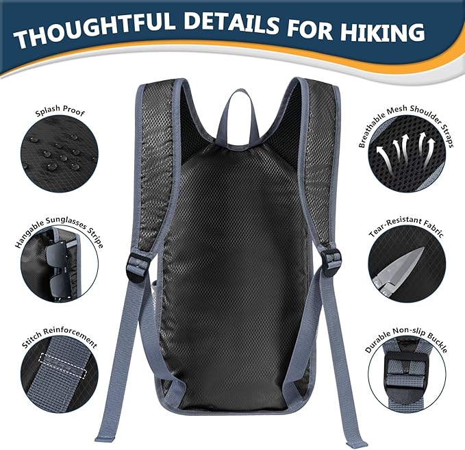 15L Hiking Backpack - Small Lightweight Packable Daypack Travel Outdoor Foldable Shoulder Bag Camping Hiking Backpack for Women Men - Black