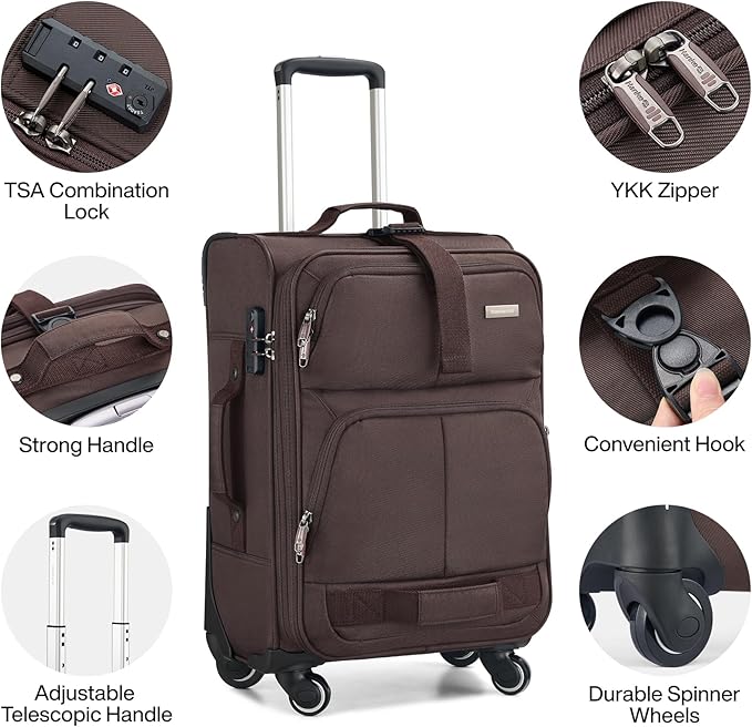 Hanke 24 inch Softside Expandable Luggage with Spinner Wheels, Medium Size Suitcase Checked Luggage Travel Luggage Rolling Suitcase,Coffee