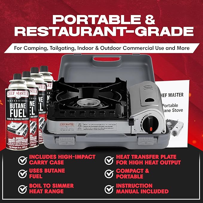 Chef Master 15,000 BTU Butane Portable Camp Stove | Double Wind-Guard Portable Stove Burner w/Piezo Click Ignition for Emergencies, Tailgating, Hiking, Backpacking & Camping Essentials - 90019