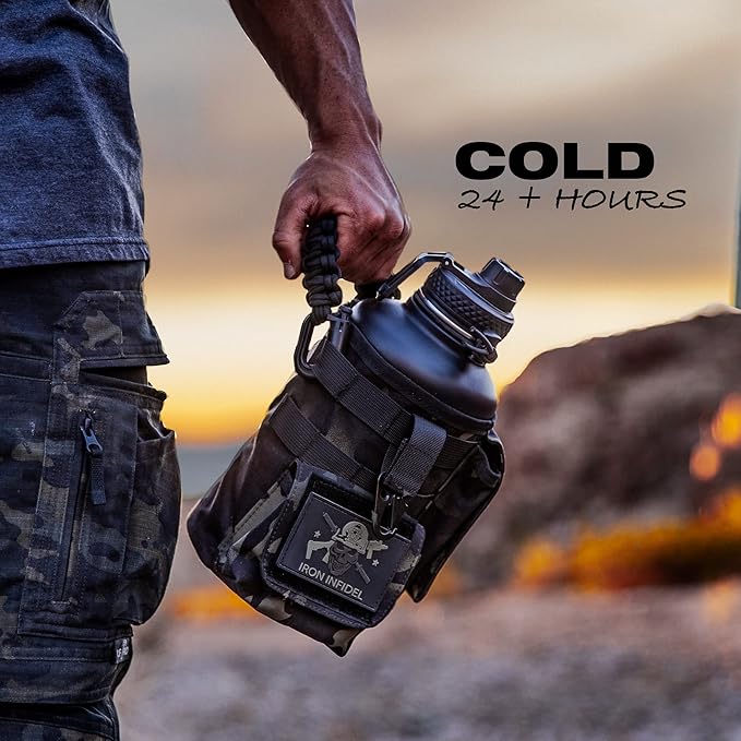 Iron Infidel Battle Bottle - Half Gallon Insulated Water Bottle with Paracord Handle - Large 64 oz Stainless Steel Water Jug & Rugged, Removable Sleeve For Keys, Wallet, Phone (Black Camo 2 Liter)