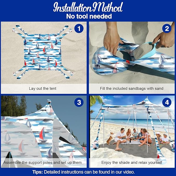 Rhino Valley Beach Tent Shade Canopy UPF50+ Protection, 8 Sandbags, 4 Stability Poles, Outdoor Sun Shelter Umbrella for Sand, Camping, Fishing Essentials