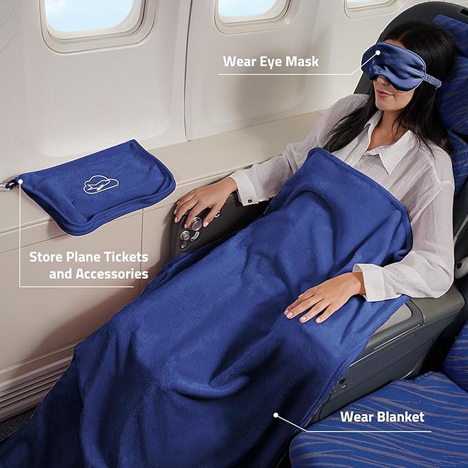 Travel Blanket, Ultra-Soft, Warm & Lightweight Travel Blanket Airplane with Bag, 65x40 in, Airplane Travel Essentials for Women, Men & Kids, Included Eye Mask, Luggage Sleeve & Backpack Clip