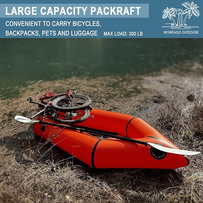 Packraft TPU Inflatable Travel Kayak with Soft Seat Lightweight Packrafts for Flat Water Rafting/Bicycle Drifting/Litewater Dinghy, 1 Person