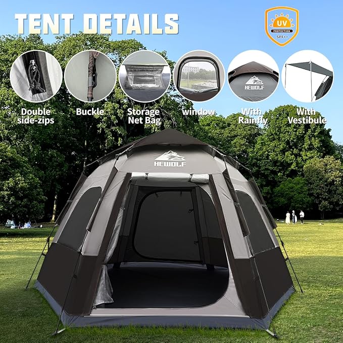 Hewolf 2/3/4 Person Camping Tent - Instant Pop Up Waterproof 2 Doors Tent with Easy Setup | 3-Season Hexagonal Dome Design for Family, Hiking & Traveling