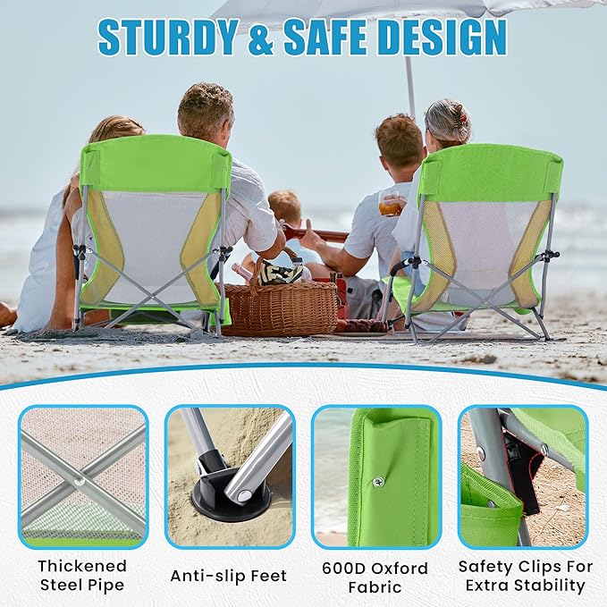 Lamberia Folding Beach Chair for Adults, Portable Low Beach Chairs with 300lbs Capacity, Lightweight Fodable Camping Chair for Travel, Picnic, Concert & Outdoor Activities,Green-Yellow