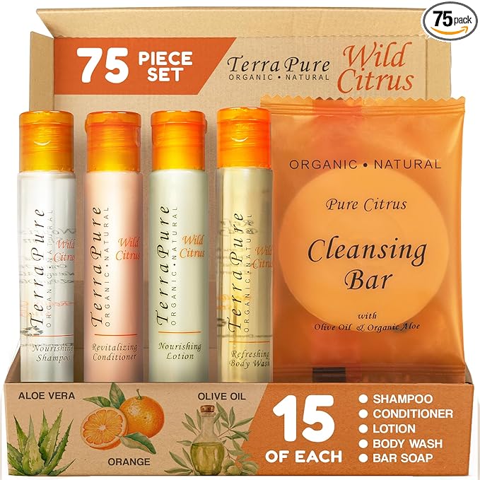 Terra Pure Wild Citrus Toiletries Set | 1-Shoppe Amenities Kit | 1oz Shampoo, Conditioner, Body Wash, Lotion, 1oz Bar Soap | 75 Pieces