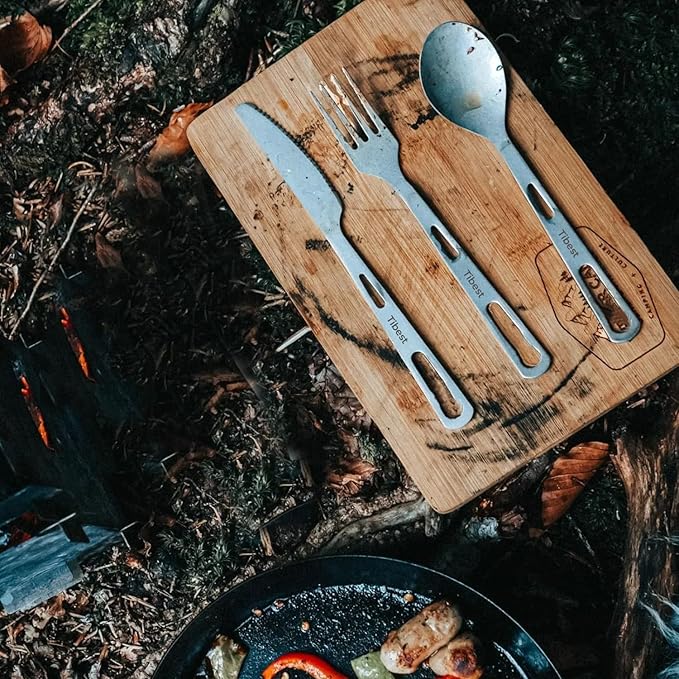 Titanium Camping Utensils Spoon Fork Knife Set Lightweight Camping Cutlery, Travel Utensil Cutlery Set Travel Silverware Set with Carrying Bag and Carabiner for Backpacking Hiking