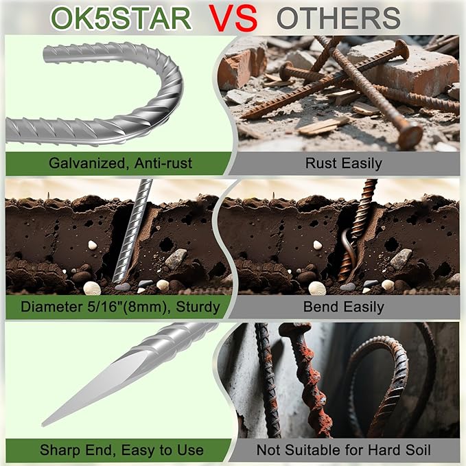 Rebar Stakes 12 Inch, 55 Pack Galvanized Metal Tent Stakes Heavy Duty Ground Stakes, J Hook Steel Fence Stakes for Ground, Outdoor Decoration, Wire Fencing, Gardening