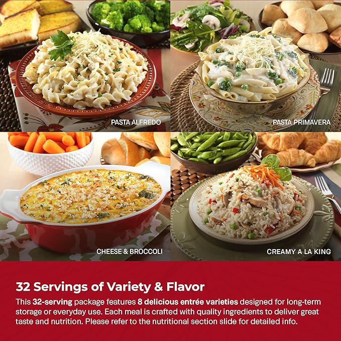 Legacy Food Storage 32 Serving Emergency Food Supply Bucket, 8 Entrees, 12,440 Total Calories, Shelf Stable Lunch & Dinner, Freeze Dried Survival Meals for MRE Camping, Hiking, Prepping