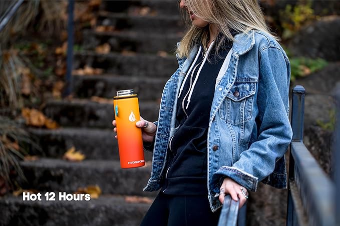 HYDRO CELL Stainless Steel Insulated Water Bottle with Straw - For Cold & Hot Drinks - Metal Vacuum Flask with Screw Cap and Modern Leakproof Sport Thermos for Adults (Red/Orange 24oz)