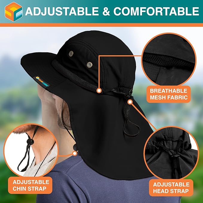 SUN CUBE Sun Hat for Men, Wide Brim Fishing Hat Neck Flap Cover Men, Women, Hiking, Camping, Sun Protection UV, Gardening