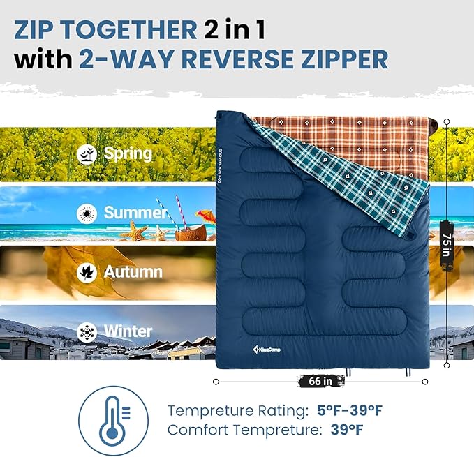 KingCamp Sleeping Bag for Adults, Cold Weather & Warm XL Big and Tall Flannel Sleeping Bags with Compression Sack Portable Waterproof Essentials Gear Accessories for Outdoor Camping