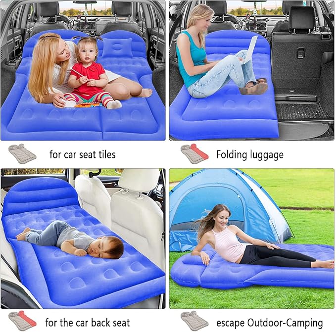 ISWEES Car Bed SUV Air Mattress, Car Air Mattress with Home Power Adapter, Electric Pump, 2 Inflatable Pillows and 2 Footrests for Back Seat, Side Seat,Trunk Sleeping, Thickened Camping Bed - Blue
