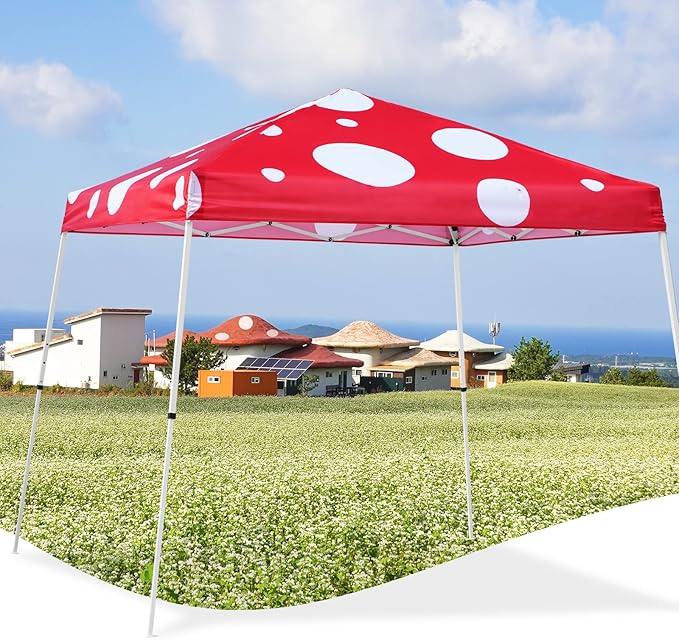 EAGLE PEAK 10x10 Slant Leg Pop-up Canopy Tent Easy One Person Setup Instant Outdoor Beach Canopy Folding Portable Sports Shelter 10x10 Base 8x8 Top (Red Mushroom)