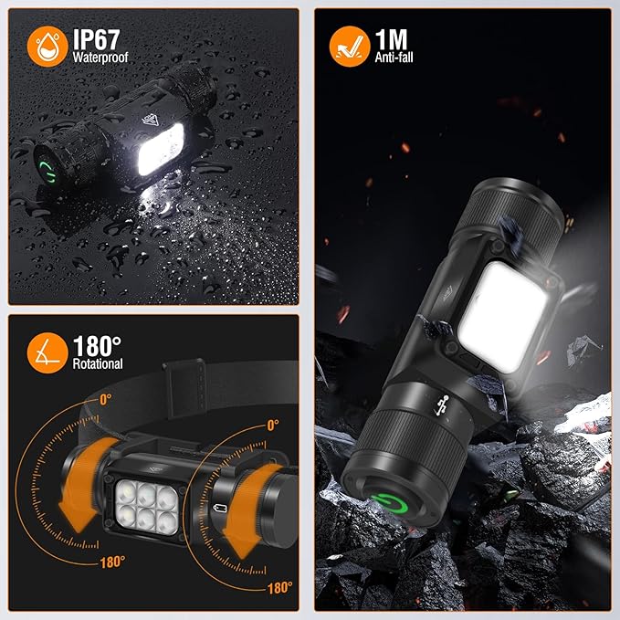 BORUIT HP360 LED Rechargeable Headlamp with White Green Red Light,Super Bright Head Lamp Flashlight,IP67 Waterproof,7 Working Modes,Suitable for Adults Running Camping Hiking Fishing