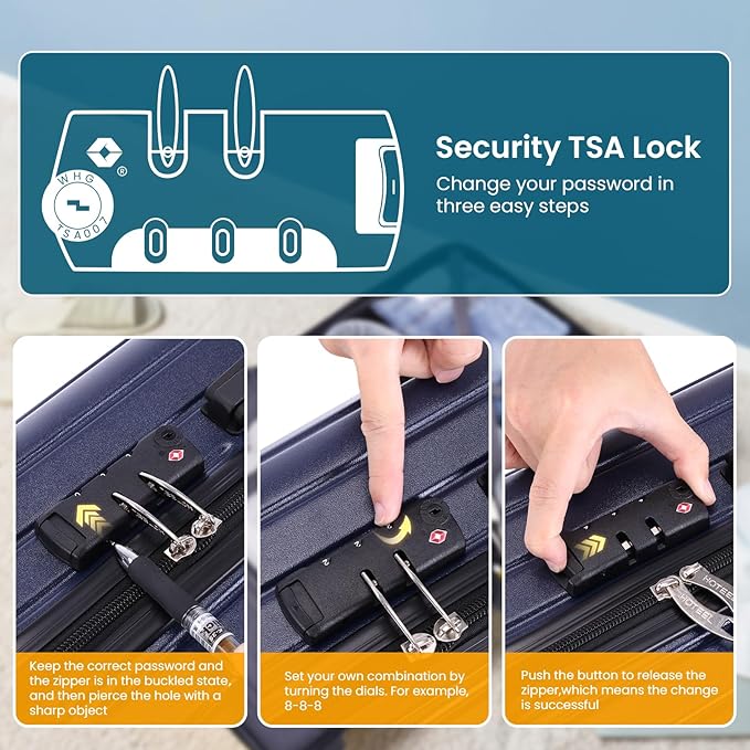 Hoteel 5 Piece Luggage Set (4-YEAR WARRANTY) ABS+PC Hardshell Carry on Suitcase with Spinner Wheels & TSA Lock for Men and Women, Rolling Suit Case for Plane, Travel, Dark Blue (20/24/28/DB/TB)