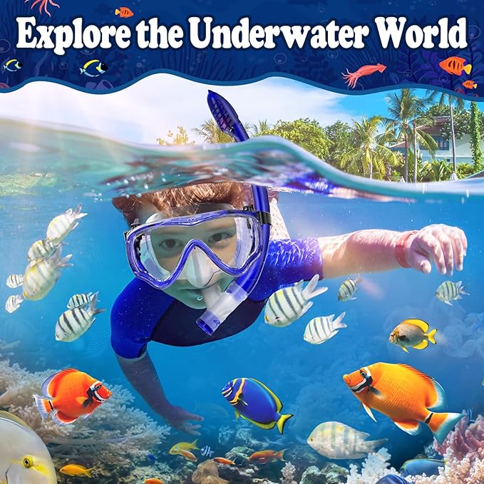 U PHITNIS Kids Snorkel Set for Age 4-14 - Dry Top Snorkeling Gear for Kids Junior & Youth - Childs Diving Mask with Big Eyes for Boys Girls - Anti-Fog Snorkeling Mask and Snorkel Set