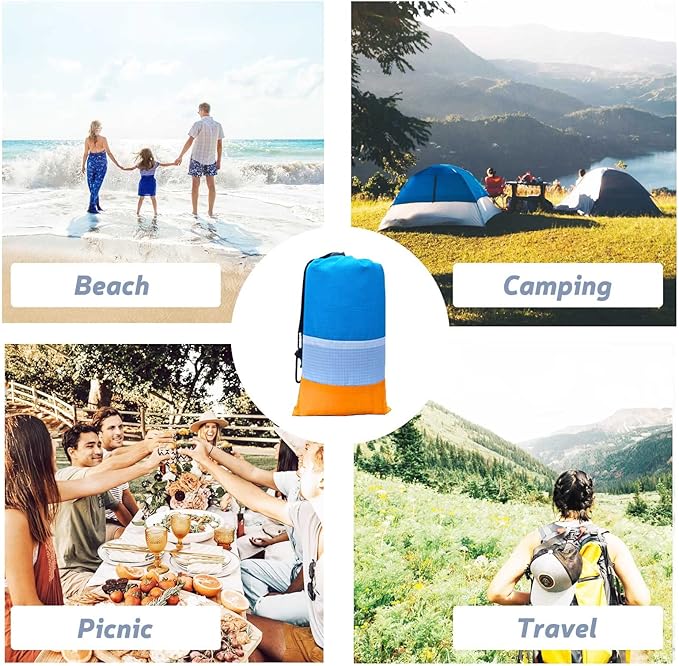Large Beach Blanket Oversized Beach Mat Intimate Choice of Beach Accessories for Outdoor Travel Camping Hiking Good Gift (L-BlueWhiteOrange)