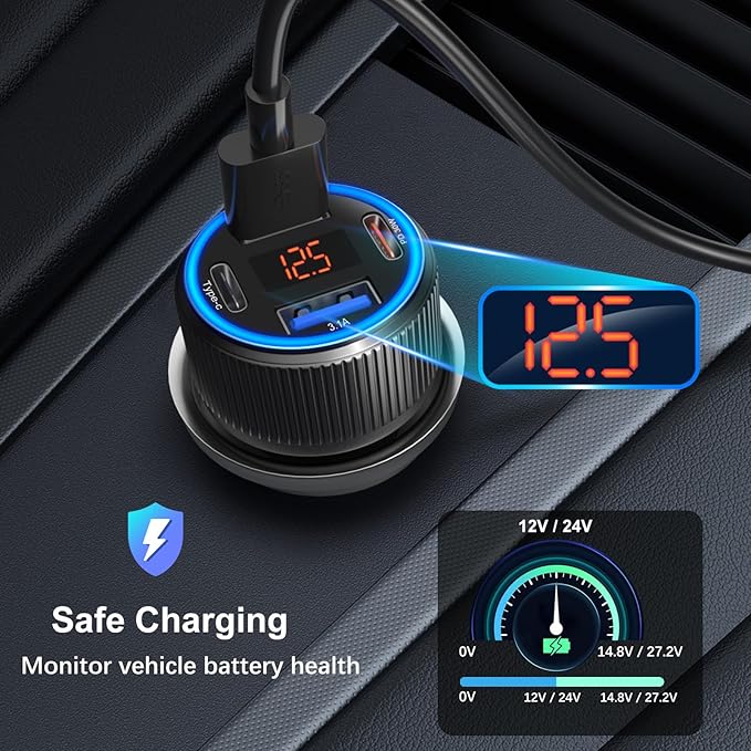 USB C Car Charger, 3 Pack 65W Dual 12V Car Power Adapter with Voltmeter QC+PD 3.0 Multi Port Fast Charging Cigarette Lighter USB Charger for iPhone 17 16 15 14 13 12 Pad Pro Max, Android(Black Gray)