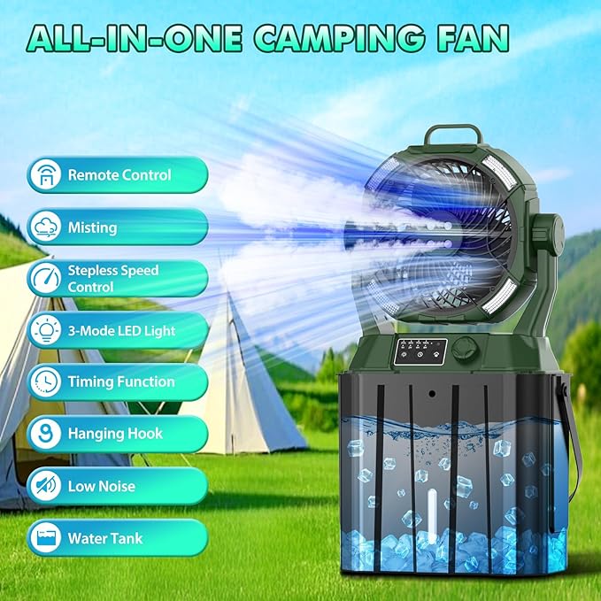Misting Fan Portable 42800mAh Rechargeable Camping Fan with Remote Control, 3 LED Light & Stepless Speed Control & Cooling Spray with 6L Bucket, Timer Function, Portable Handle, Rotating Hanging Hook