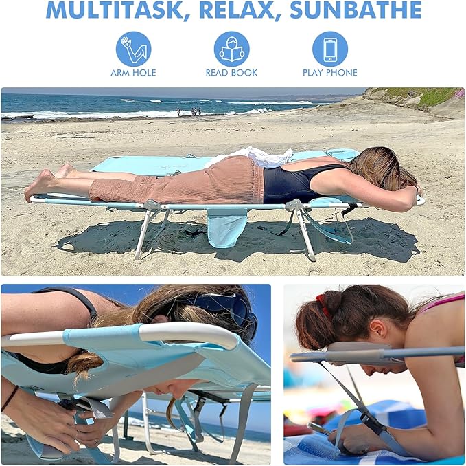 Backpack Beach Tanning Chair with Canopy and Face Hole, 6-Position Folding Lay Out Lounge Chair, UPF 50+ Wind-Resistant Sun Shade, Portable Recliner for Sunbathing, Outside, Poolside, Lawn, Patented