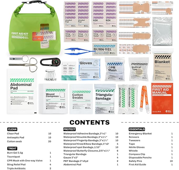 RHINO RESCUE Waterproof Boat First Aid Kit, Lightweight Boat Accessories Dry Bag, Emergency Marine Survival Supplies for Outdoor Kayak, Fishing, Floating, Swimming, Beach & Camping (Green)